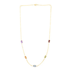 14K Yellow Gold Multi-Color Genuine Gemstone Station Paper Clip Necklace