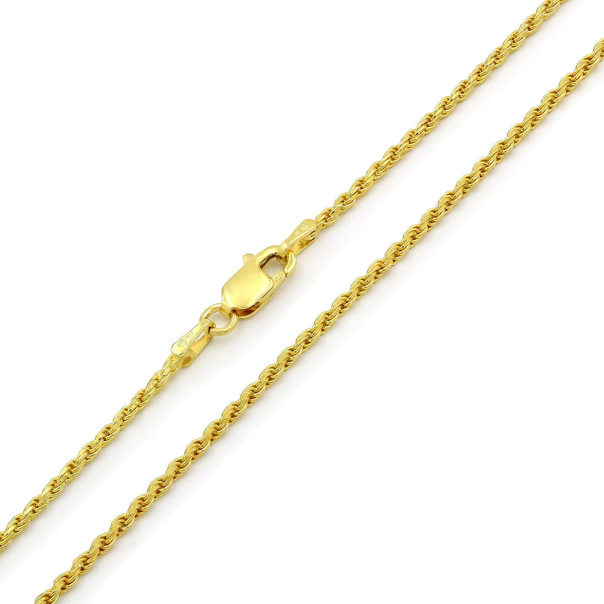 925 Sterling Silver 1.5mm Solid Rope Diamond Cut Gold Plated Chain