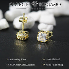 925 Sterling Silver Gold Plated Asscher Cut Crowned Stud Earring