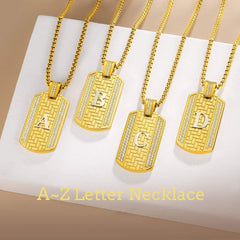 Stainless Steel Gold Plated Unisex Micro Pave Dog Tag Initial Pendant Necklace
