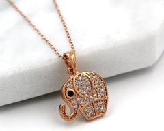 925 Sterling Silver Rose Gold Plated Luckly Elephant Pendant Necklace