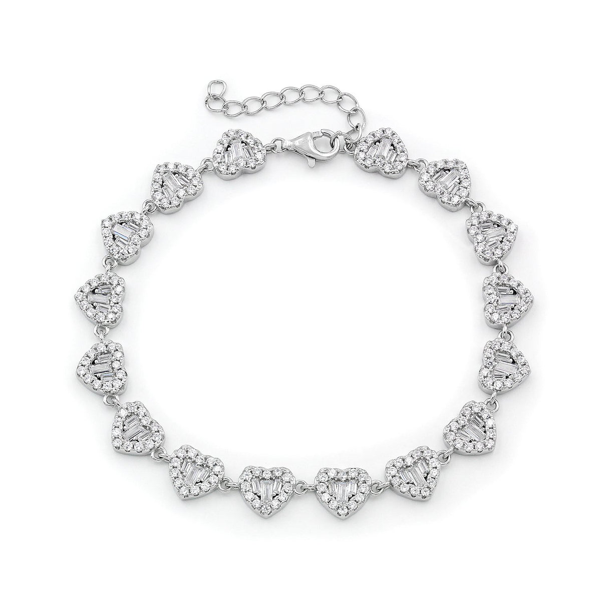 925 Sterling Silver Micro Pave Heart Cluster Baguette Bracelet