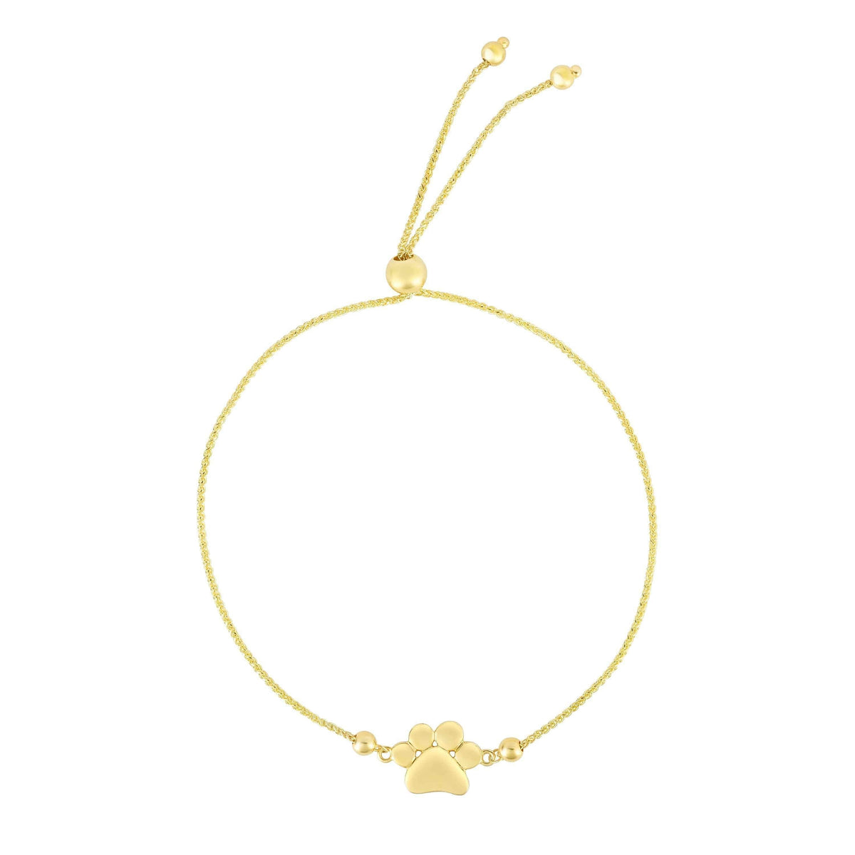 14K Yellow Gold Polished Dog Paw Adjustable Pull Bolo Bracelet