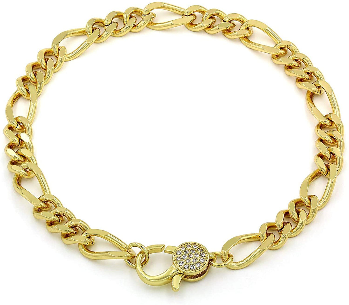 Gold Plated Trendy Figaro Link Micro Pave Cubic Zirconia Lock Bracelet