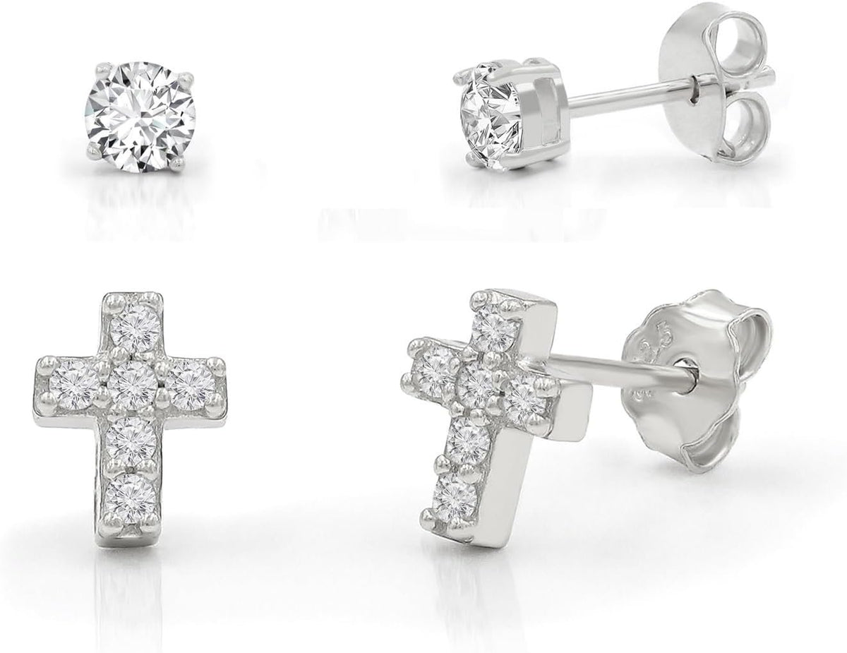 925 Sterling Silver CZ Cross & Solitaire Stud Earring Set