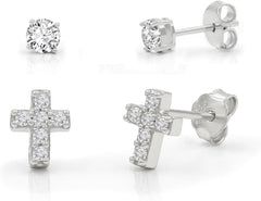 925 Sterling Silver CZ Cross & Solitaire Stud Earring Set