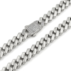 925 Sterling Silver Micro Pave Miami Cuban Edged Chain or Bracelet, Iced Out Lock