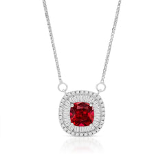 925 Sterling Silver Micro Pave Cushion Cut Simulated Ruby Halo Pendant Necklace