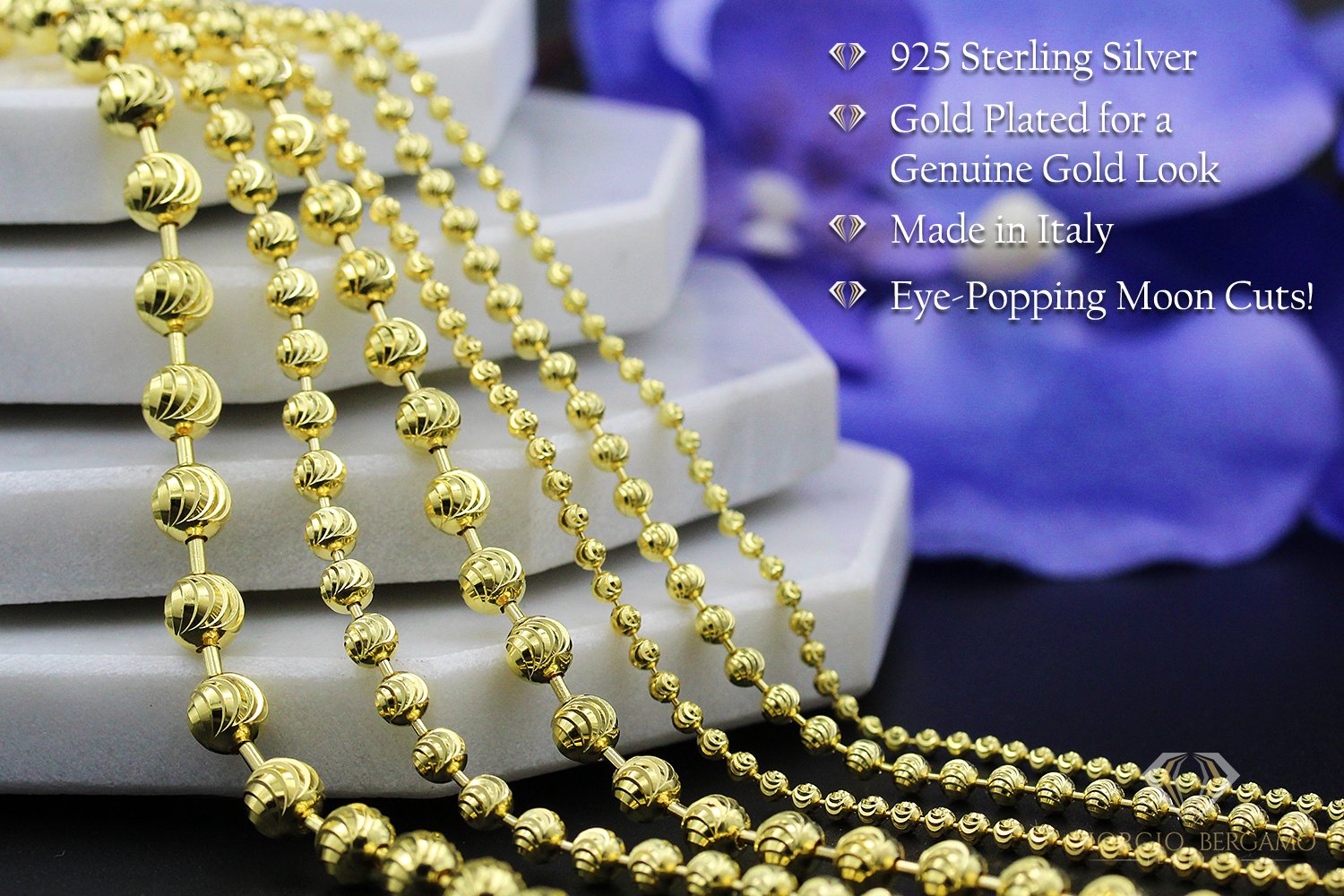 925 Sterling Silver 2mm Moon-Cut Ball Bead Gold Plated Chain