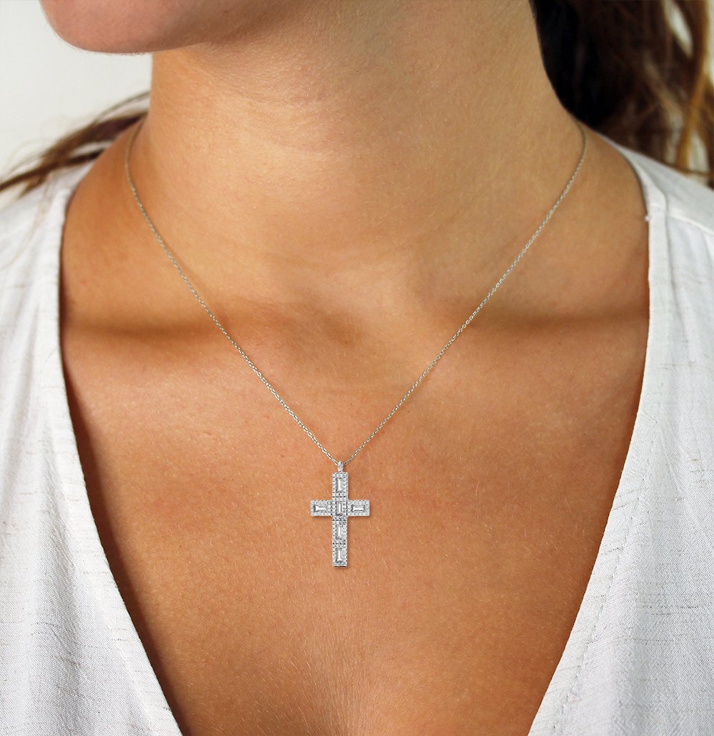925 Sterling Silver Micro Pave Baguette Cross Pendant Necklace