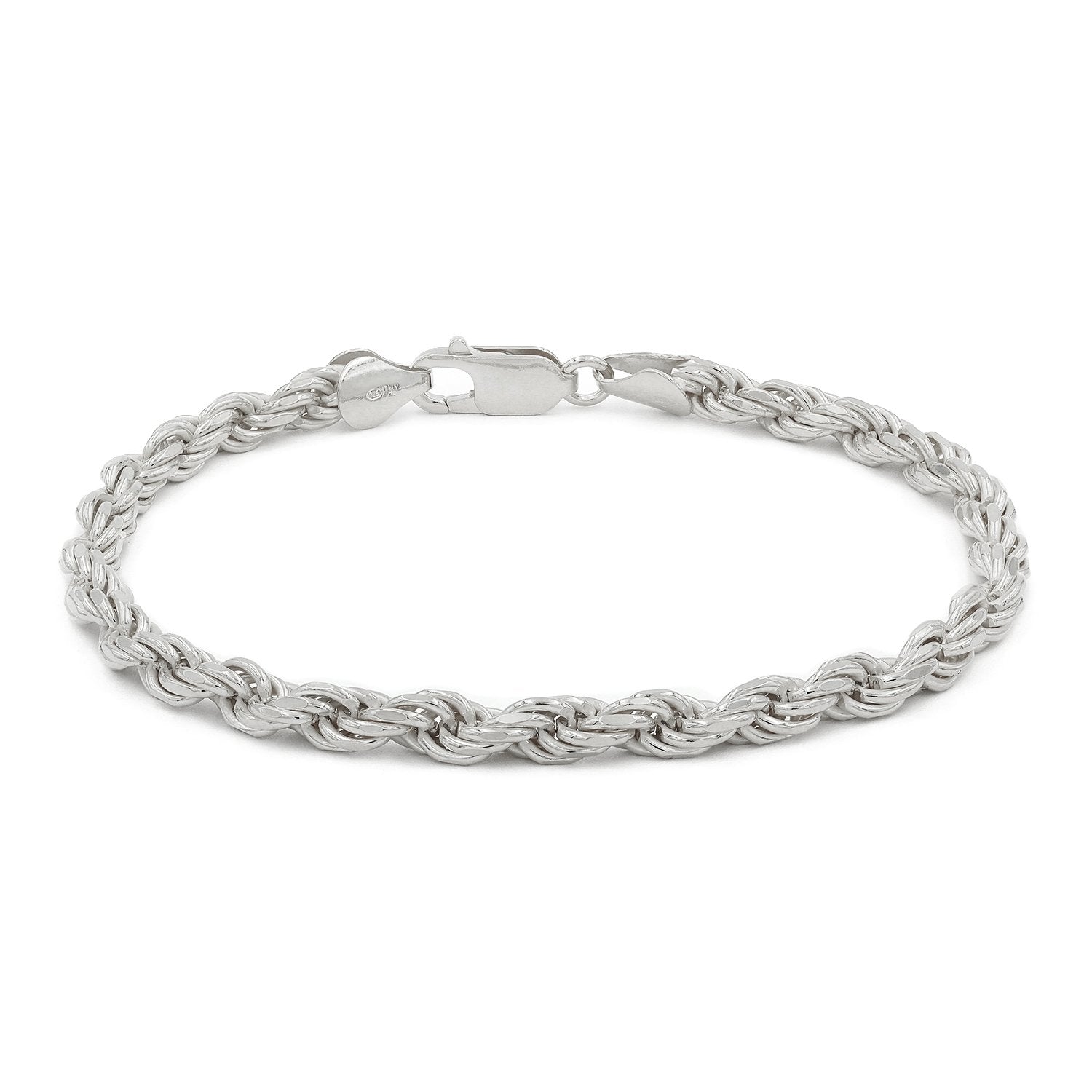 925 Sterling Silver 5mm Solid Rope Diamond Cut Rhodium Bracelet