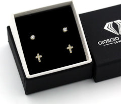 925 Sterling Silver CZ Cross & Solitaire Stud Earring Set