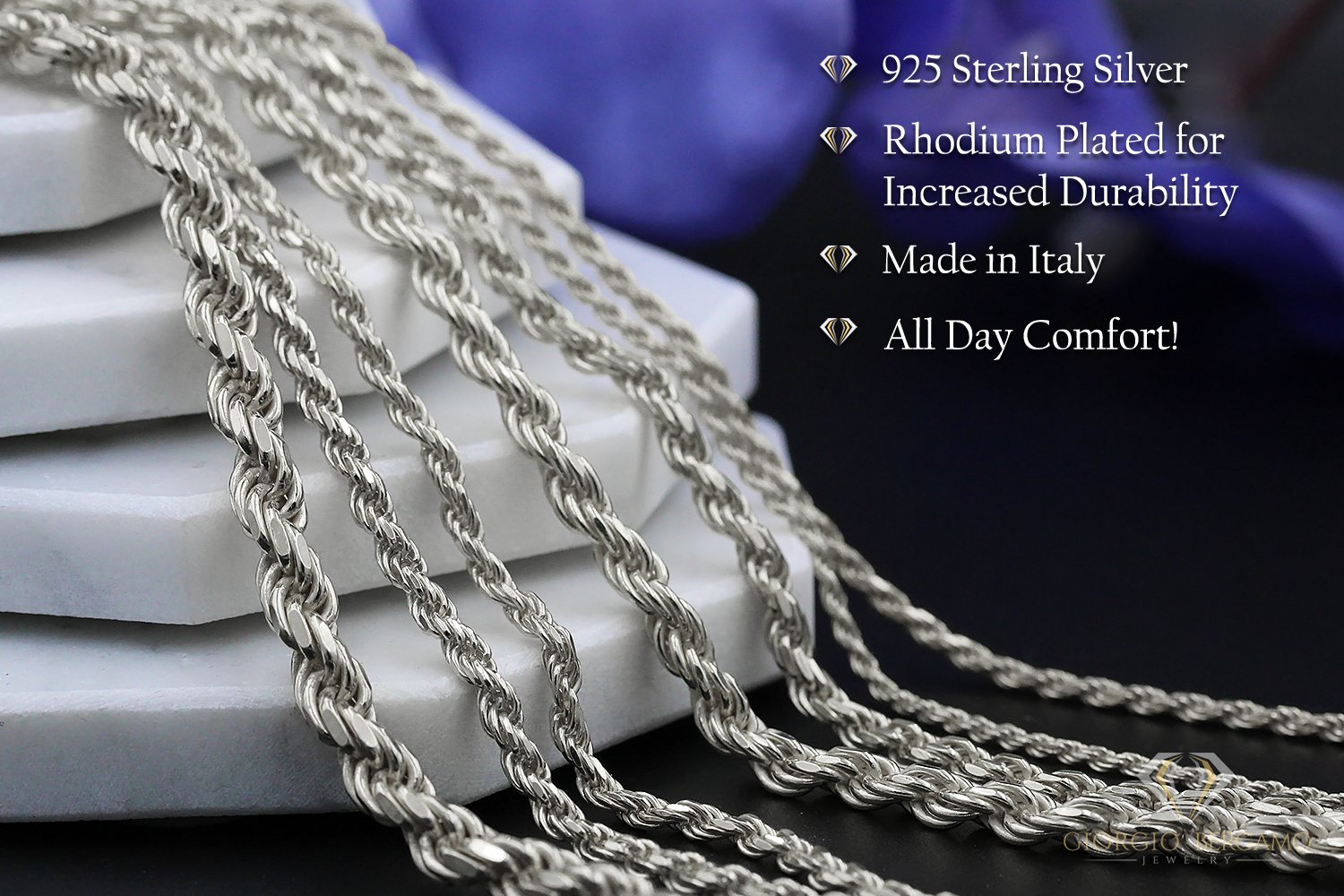 925 Sterling Silver 4mm Solid Rope Diamond Cut Rhodium Chain – Giorgio  Bergamo