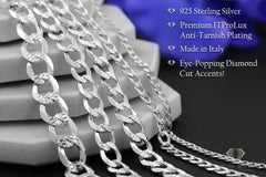 925 Sterling Silver 4mm Solid Cuban Diamond Cut Pave Curb Link Chain