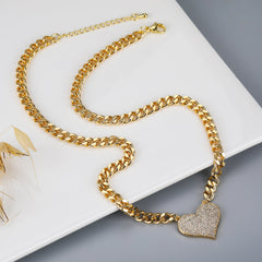 Gold Plated Micro Pave Heart Cuban Link Necklace