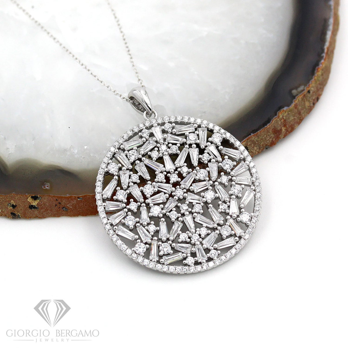 925 Sterling Silver Micro Pave Scattered Baguette Disc Pendant