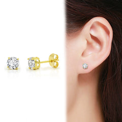 925 Sterling Silver 3mm - 10mm Unisex Classic Round Clear Cubic Zirconia Gold Plated Stud Earrings