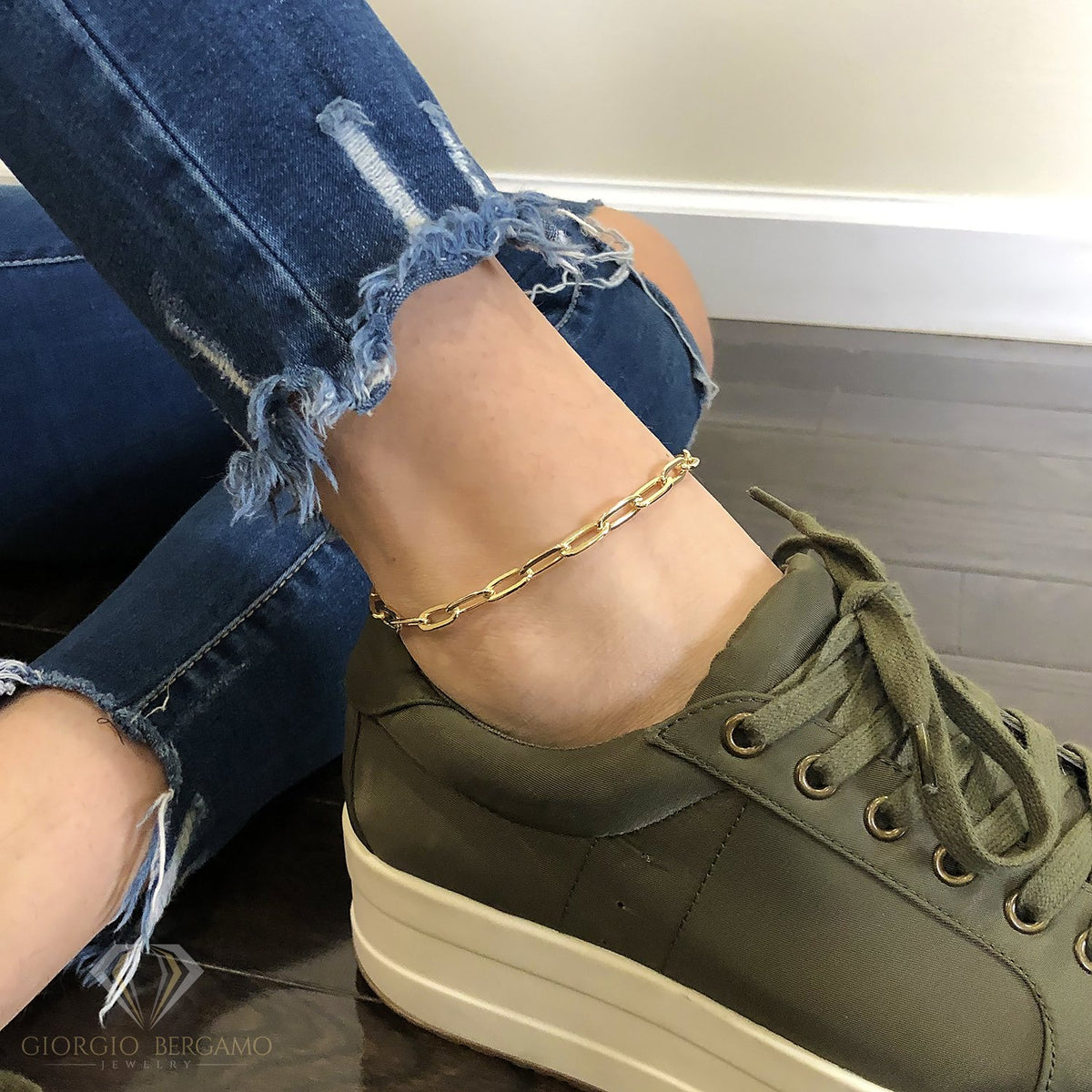 925 Sterling Silver 5.5mm Paper Clip Yellow Gold Plated Bracelet/Anklet