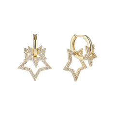 Gold Plated Micro Pave Star Hoop Dangle Drop Earrings