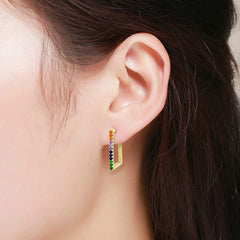 Gold Plated Trendy Rainbow Cubic Zirconia Rectangular Hoop Earrings
