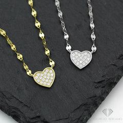 925 Sterling Silver Mirror Link Pave Heart Minimalist Necklace