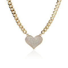 Gold Plated Micro Pave Heart Cuban Link Necklace