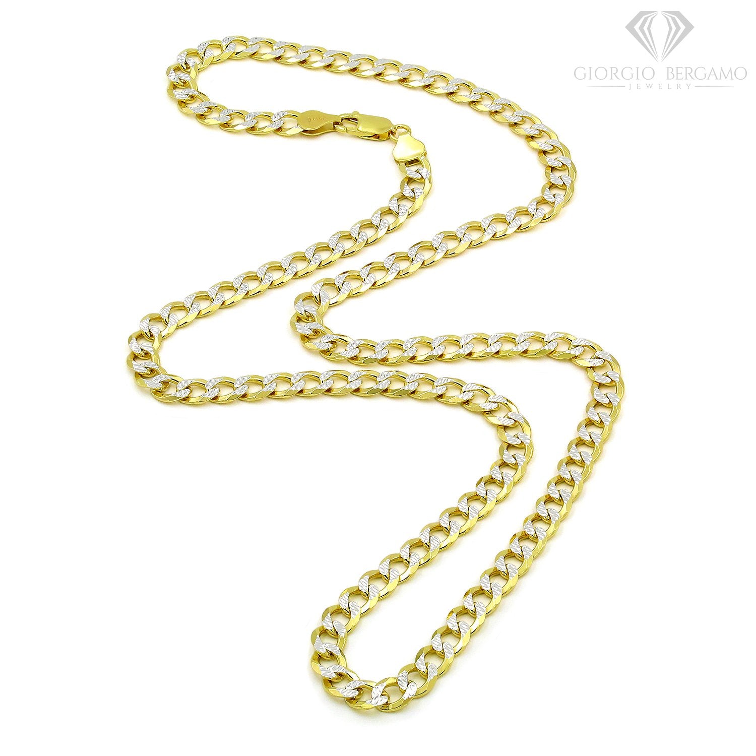 925 Sterling Silver Solid Cuban 6.5mm Diamond Cut Pave Gold Plated Curb Link Chain