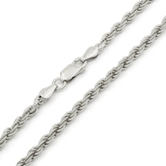 925 Sterling Silver 3.5mm Solid Rope Diamond Cut Rhodium Chain