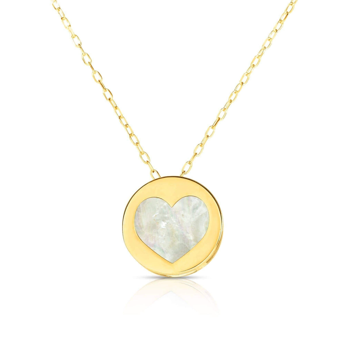 14K Yellow Gold Mother of Pearl Heart Disc Pendant Necklace