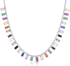 925 Sterling Silver Curb Link Bezel Rainbow Choker Necklace