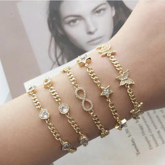 Yellow Gold Plated Trendy Cuban, Curb Link Cubic Zirconia Star Bracelet