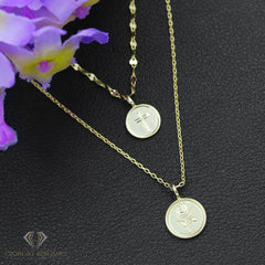 925 Sterling Silver Gold Plated Layered Cross & Rose Flower Disc Necklace