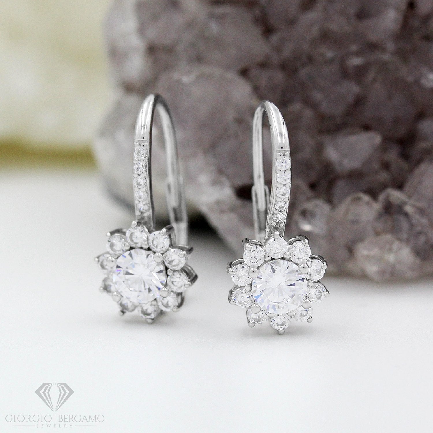 925 Sterling Silver Micro Pave Flower Cluster Lever Back Drop Earring