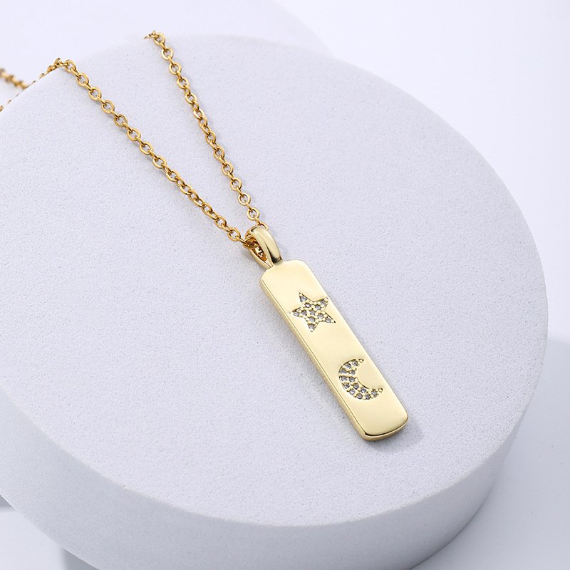Stainless Steel Gold Plated Micro Pave Trendy Bar Pendant Necklace