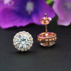 925 Sterling Silver Rose Gold Plated Micro Pave Round Halo Stud Earring