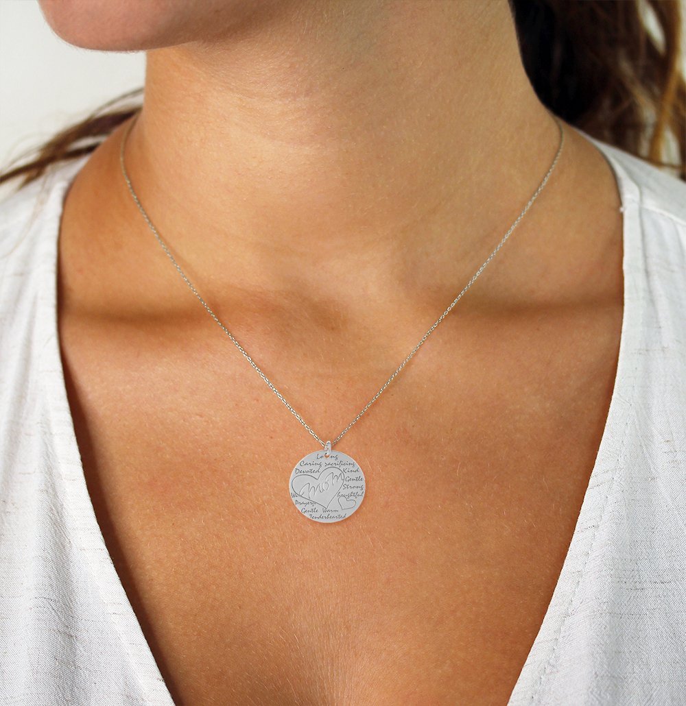 925 Sterling Silver Engraved Mom Disc Pendant Necklace