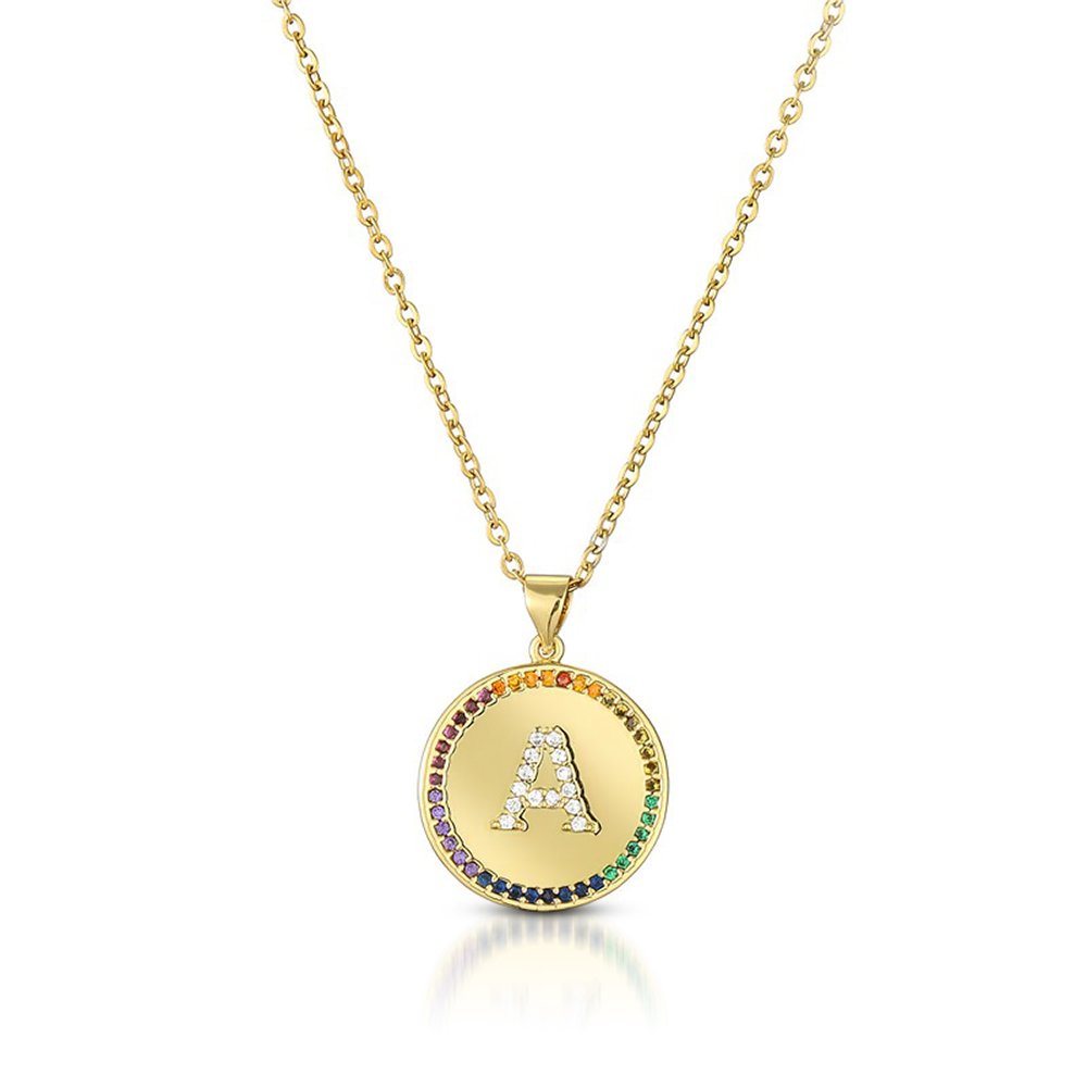 Gold Plated Initial Disc A - Z Rainbow Cubic Zirconia Letter Pendant Necklace