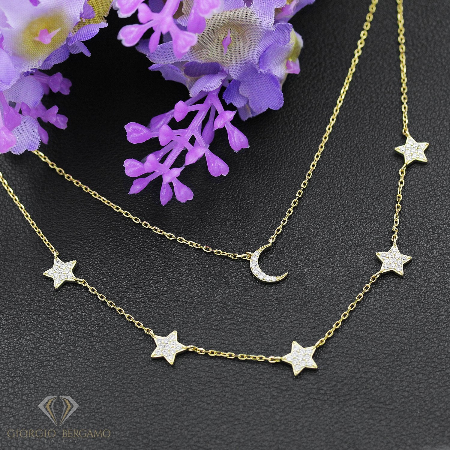 925 Sterling Silver Gold Plated Layered Star & Moon Celestial Necklace
