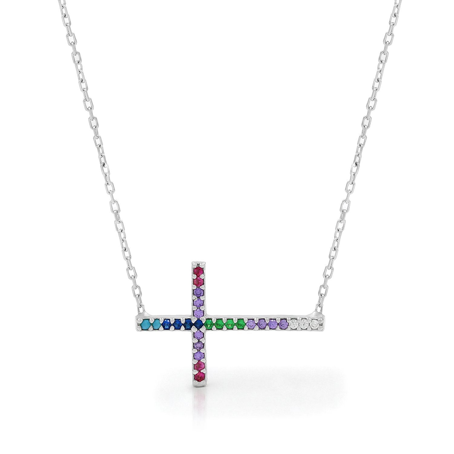 925 Sterling Silver Multi-Color Sideways Cross Bar Pendant Necklace
