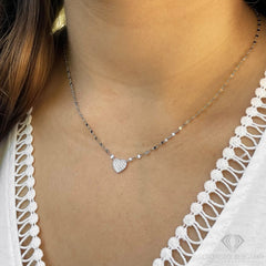 925 Sterling Silver Mirror Link Pave Heart Minimalist Necklace