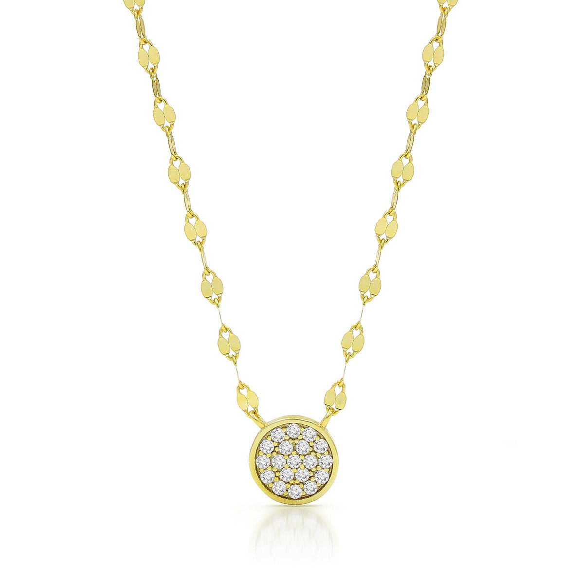 925 Sterling Silver Mirror Link Pave Disc Minimalist Necklace