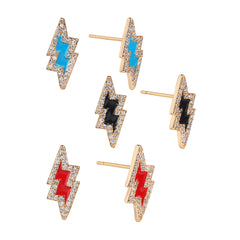 Gold Plated Micro Pave Enamel Lightning Bolt Stud Earrings