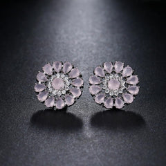 White Gold Plated Flower Cluster Round Halo Stud Earrings