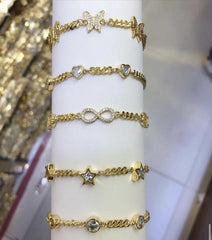 Yellow Gold Plated Trendy Cuban, Curb Link Cubic Zirconia Star Bracelet