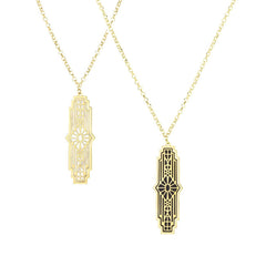 14K Yellow Gold Mother of Pearl, Black Onyx Art Deco Elongated Pendant Necklace,