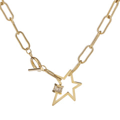 Stainless Steel Gold Plated Trendy Paper Clip Chain With Cubic Zirconia Star Charm
