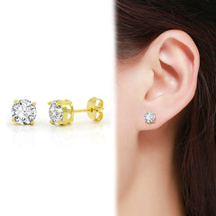 925 Sterling Silver 3mm - 10mm Unisex Classic Round Clear Cubic Zirconia Gold Plated Stud Earrings