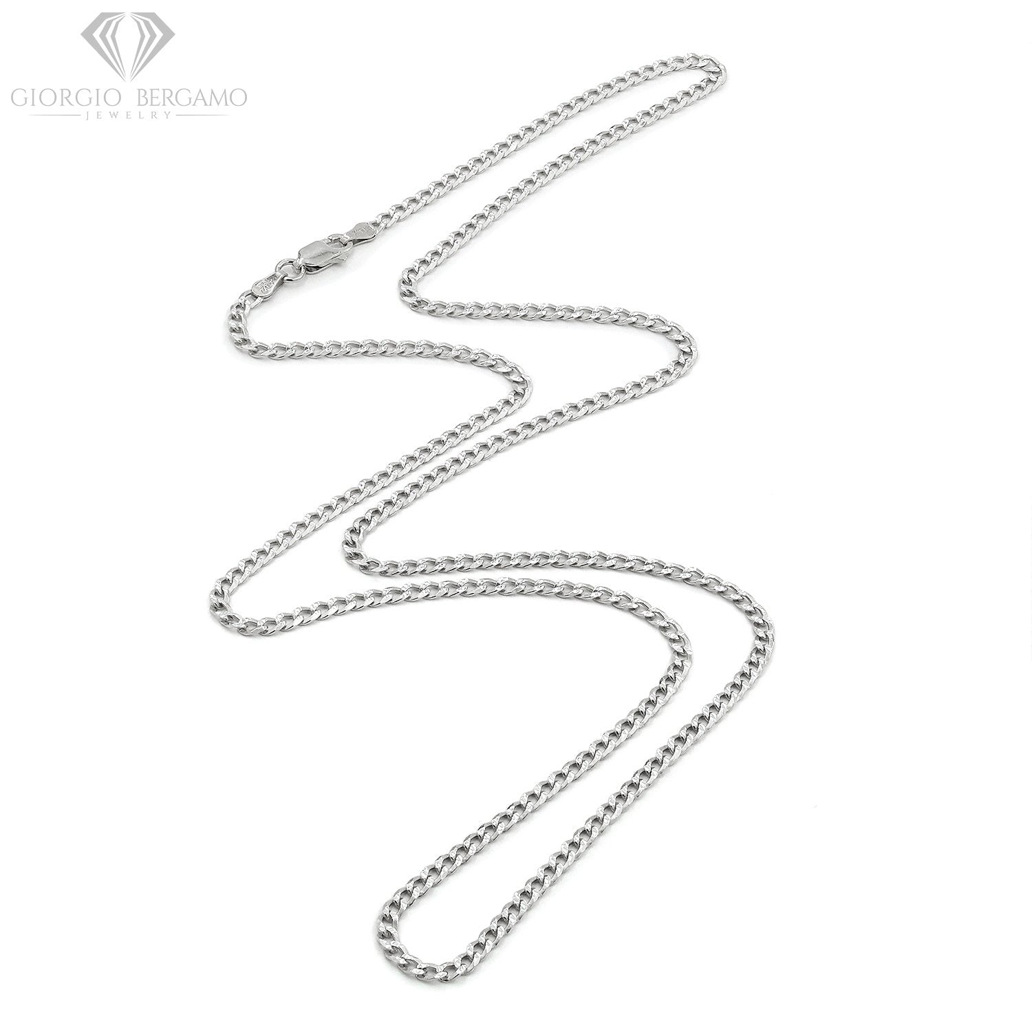 925 Sterling Silver 2.5mm Solid Cuban Diamond Cut Pave Curb Link Chain