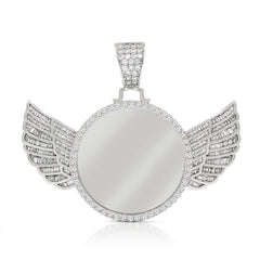 925 Sterling Silver Micro Pave Angel Wing Round Disc, Engraveable, Picture Frame Pendant Only