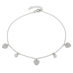 925 Sterling Silver Micro Pave Heart Charm Ankle Bracelet
